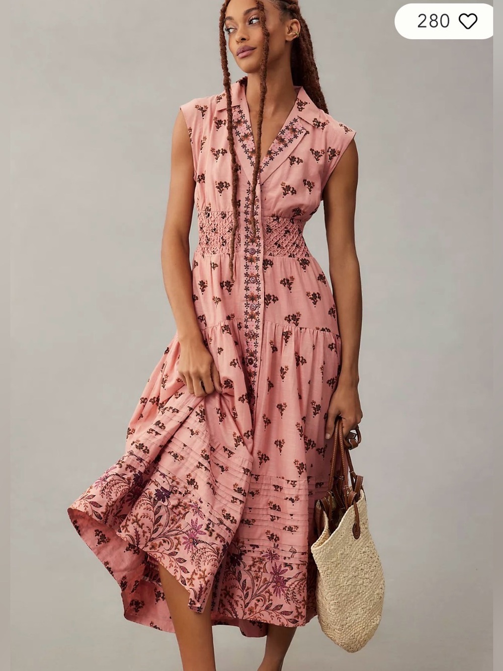Sleeveless Pink Floral Midi Dress with Smocked Waist size M